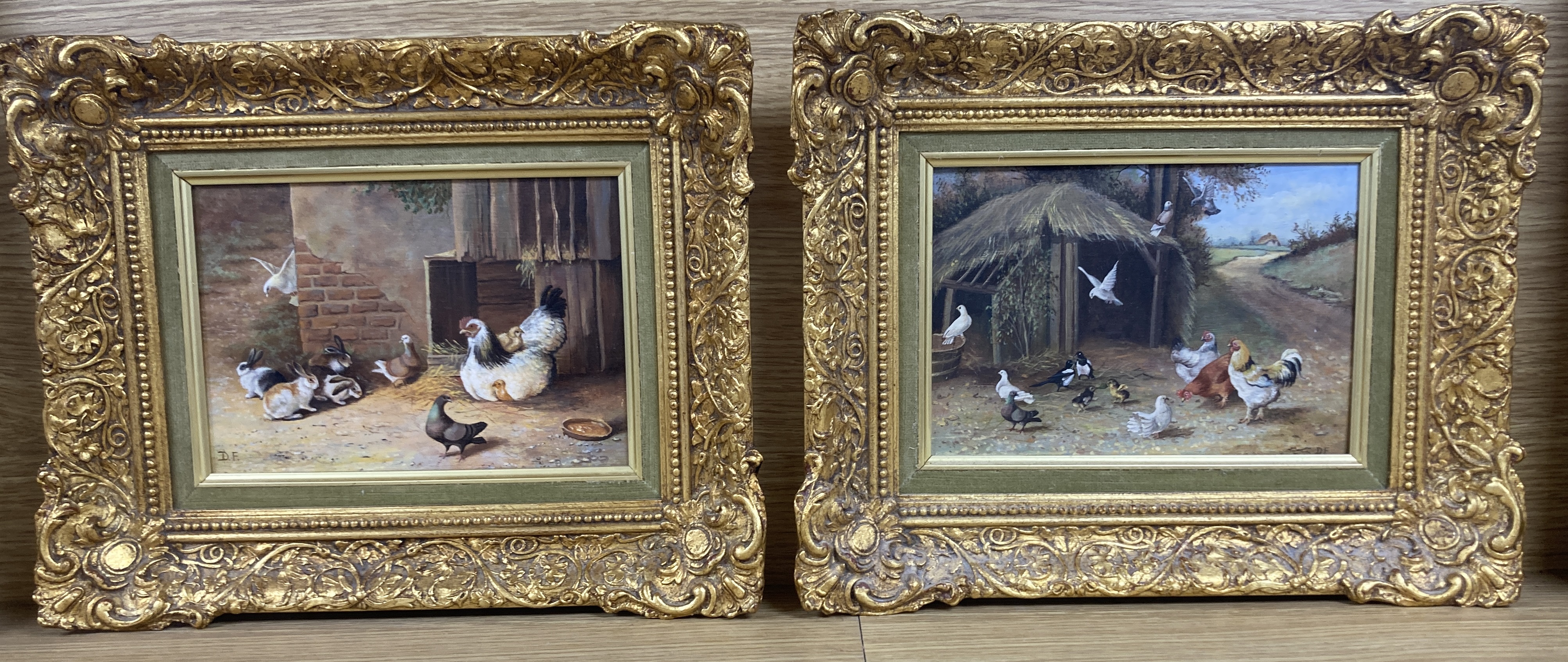 After J.F Herring, pair oil oils panel, Rabbits, poulty and other birds in farmyards, initialled D.F, 13 x 19cm